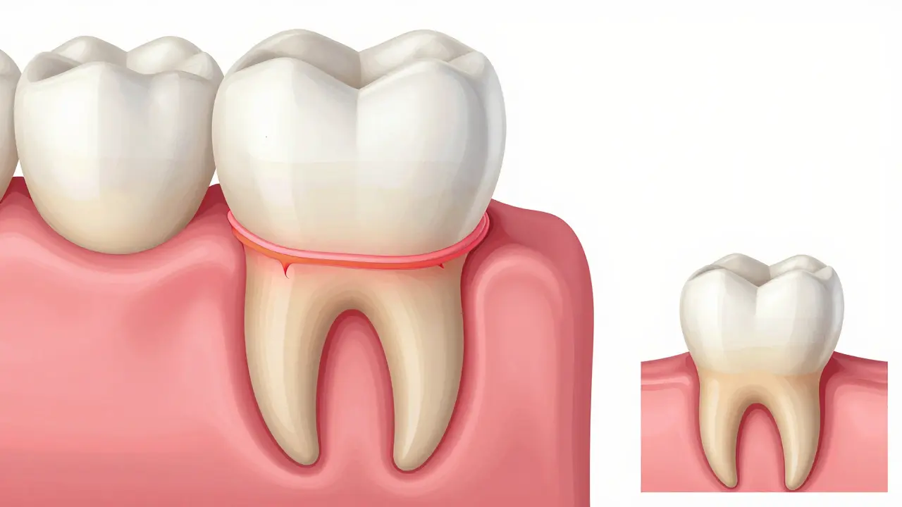 Anatomická ilustrace ukazující tlak na kořeny zubů při rovnátkách oproti aplikaci facety.
