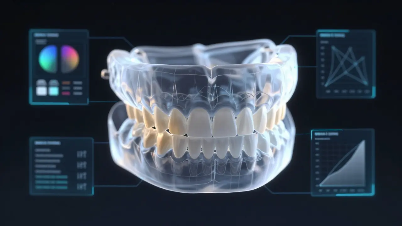Digitální 3D model zubů ukazující plánování optické korekce pomocí CAD/CAM
