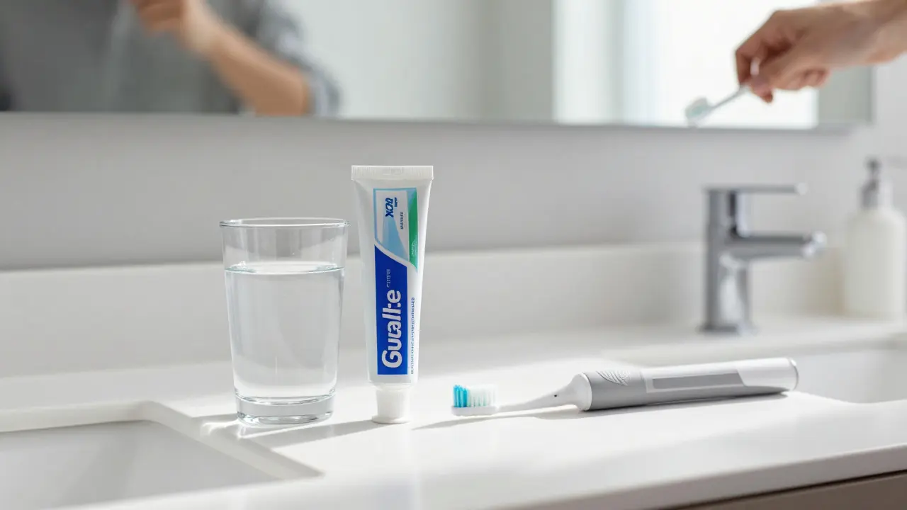 Hygienické potřeby: fluoridová pasta, voda a žvýkačka