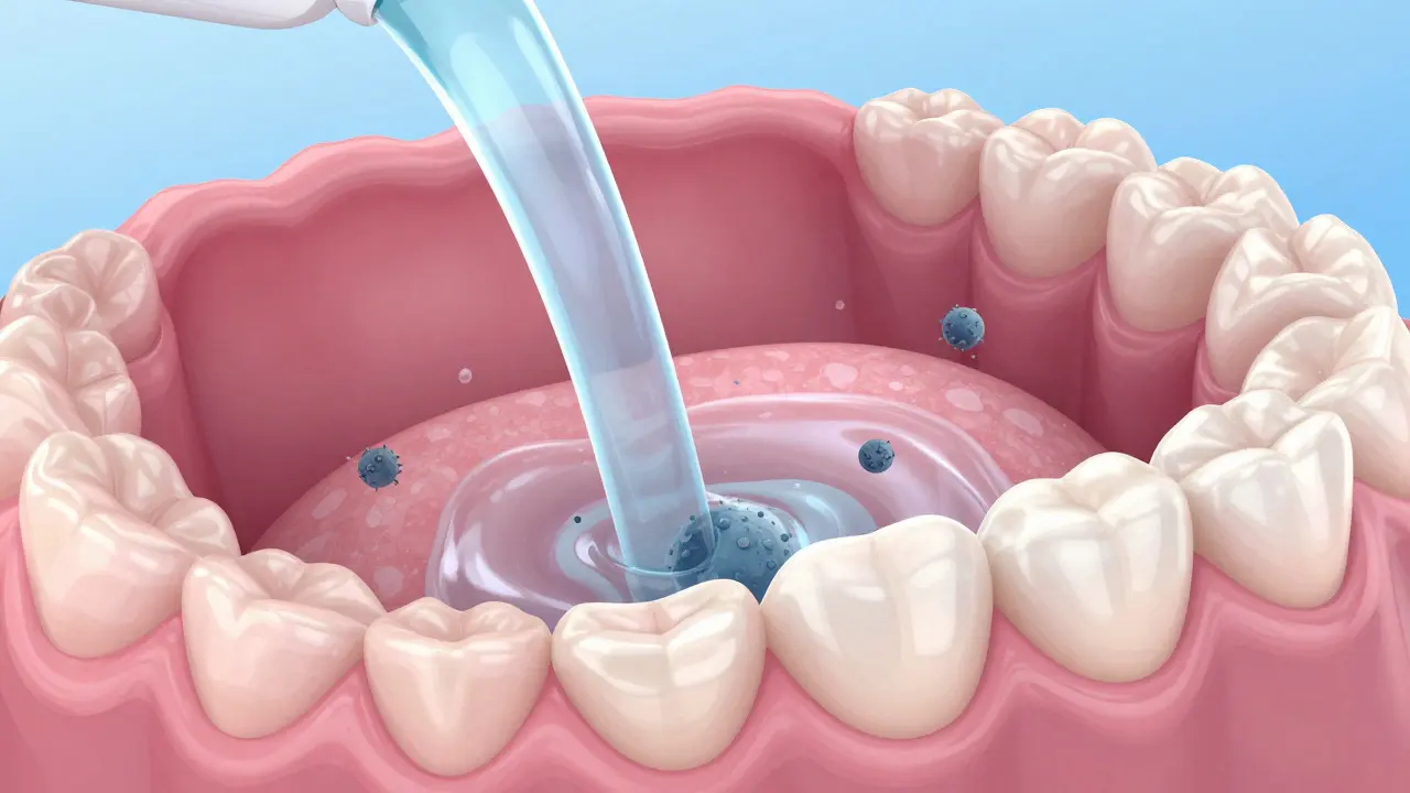 Koncept jemného kloktání solným roztokem pro hygienu ústní dutiny