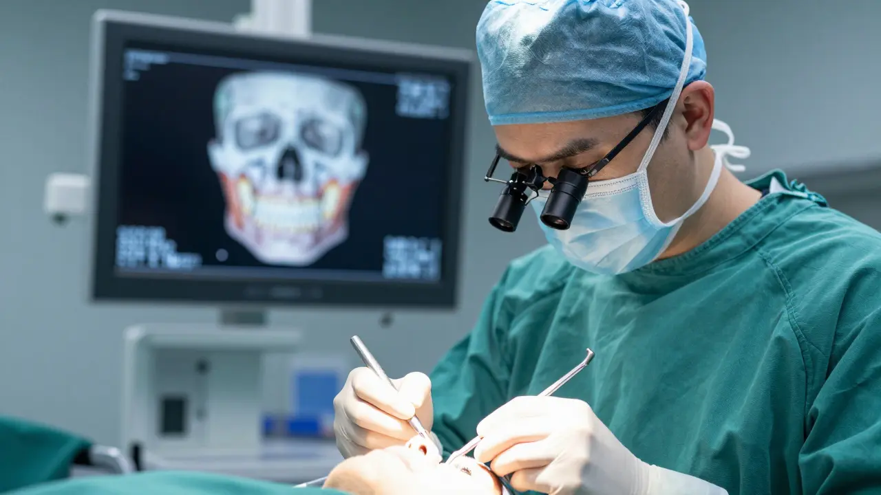 Maxilofaciální chirurg v operační místnosti pracující na modelu čelisti