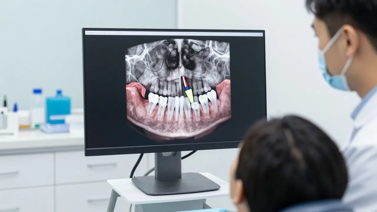 Stomatolog zkoumá 3D rentgenový snímek impaktovaného zubu