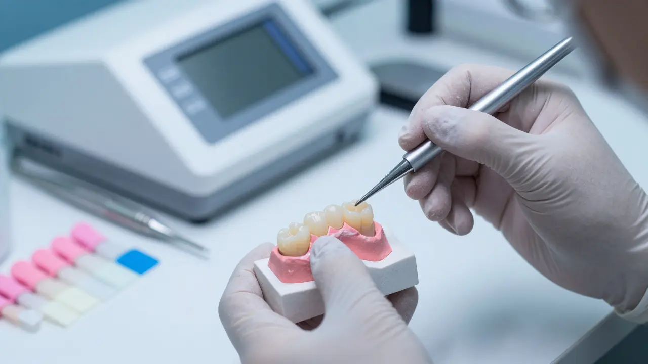 Technik ručně vyrábí keramické fazety v laboratoři