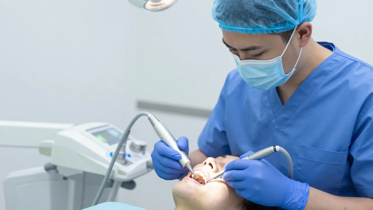 Zubař provádí ultrazvukové čištění zubů v moderní klinice.