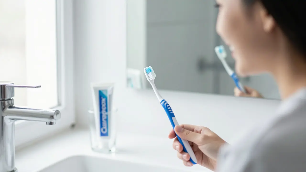 Zubní kartáč Curaprox v moderní koupelně při ranní péči
