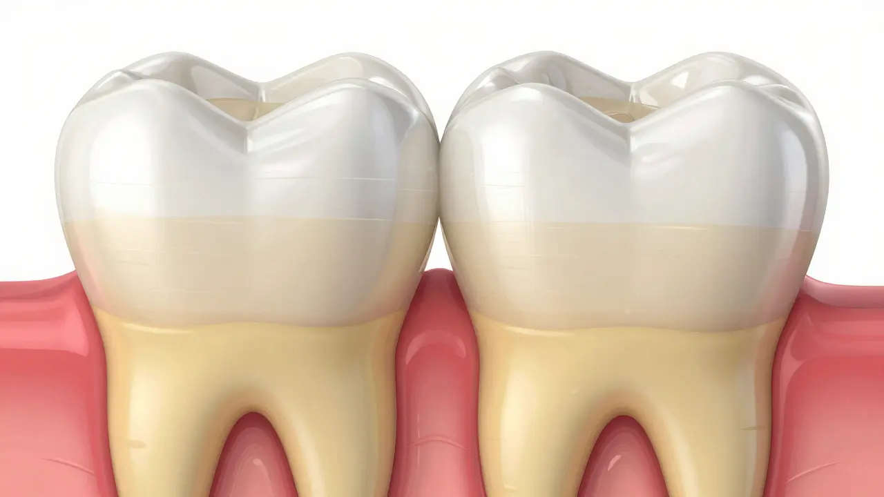 Makro záběr řezu zubem ukazující sklovinu a žlutou dentinu pod ní