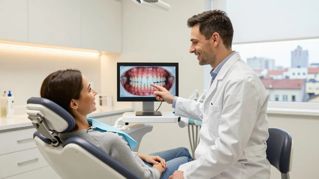 Pacient s dentistou při konzultaci na digitálním displeji v klinice