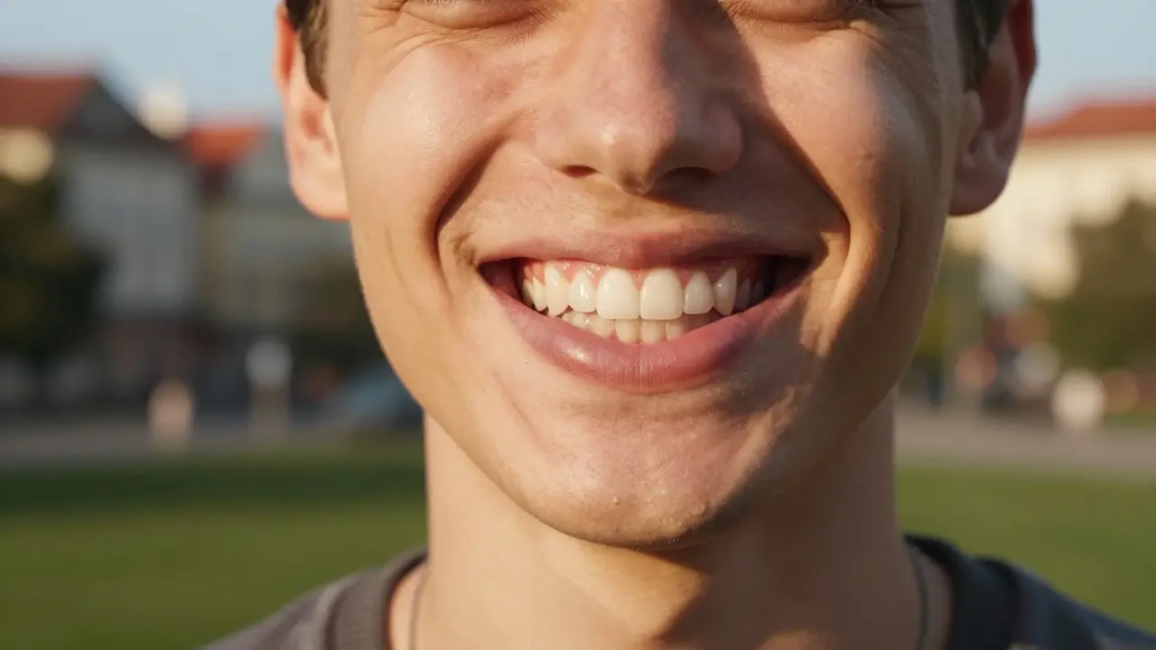 Spokojený člověk s přirozeně vypadajícím úsměvem venku