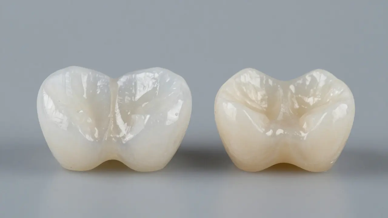 Srovnání porcelánové a kompozitní zubní fasety vedle sebe