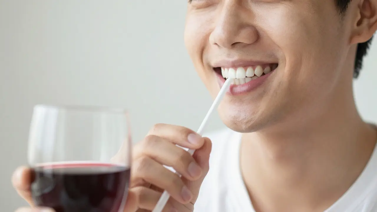Úsměv s bílými zuby a sklenicí vody se slamkou
