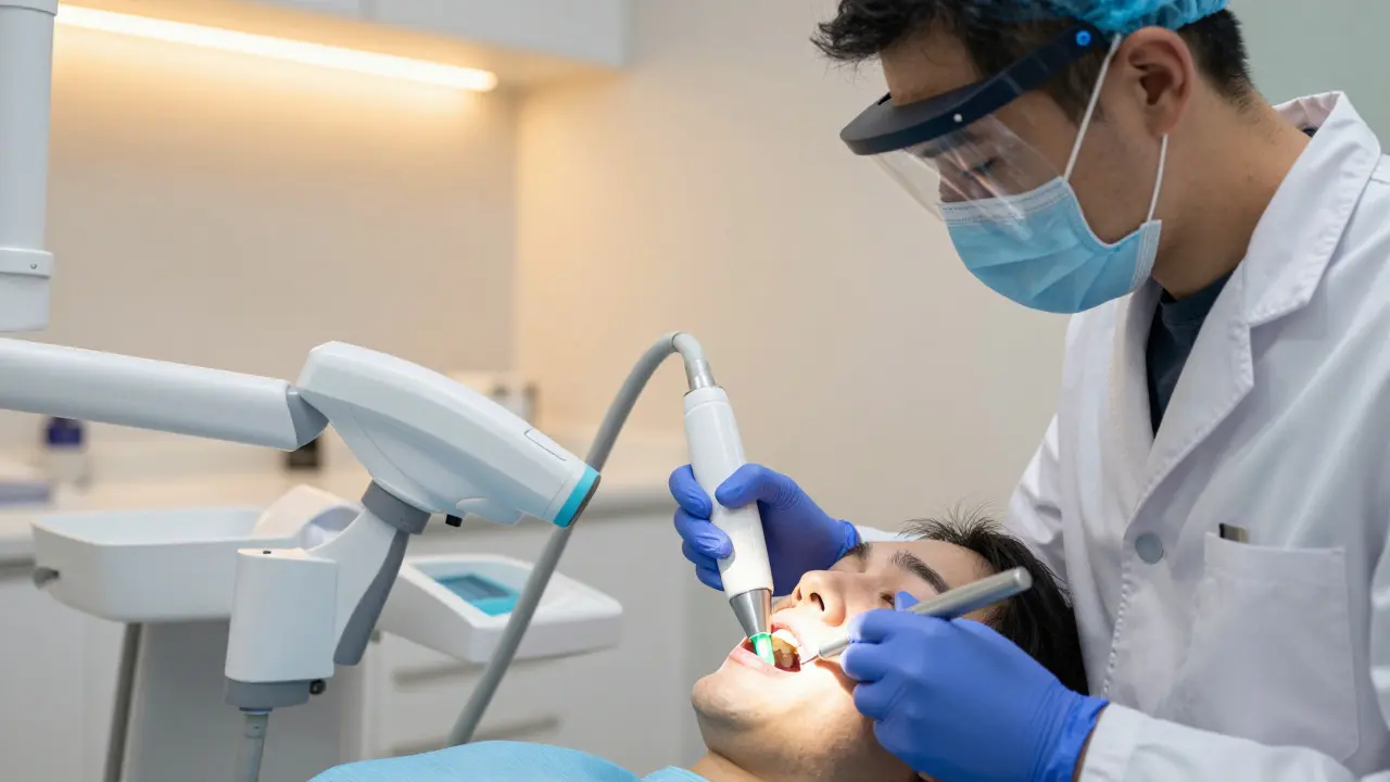Zubní lékař používá laserovou diagnostiku k detekci kazu