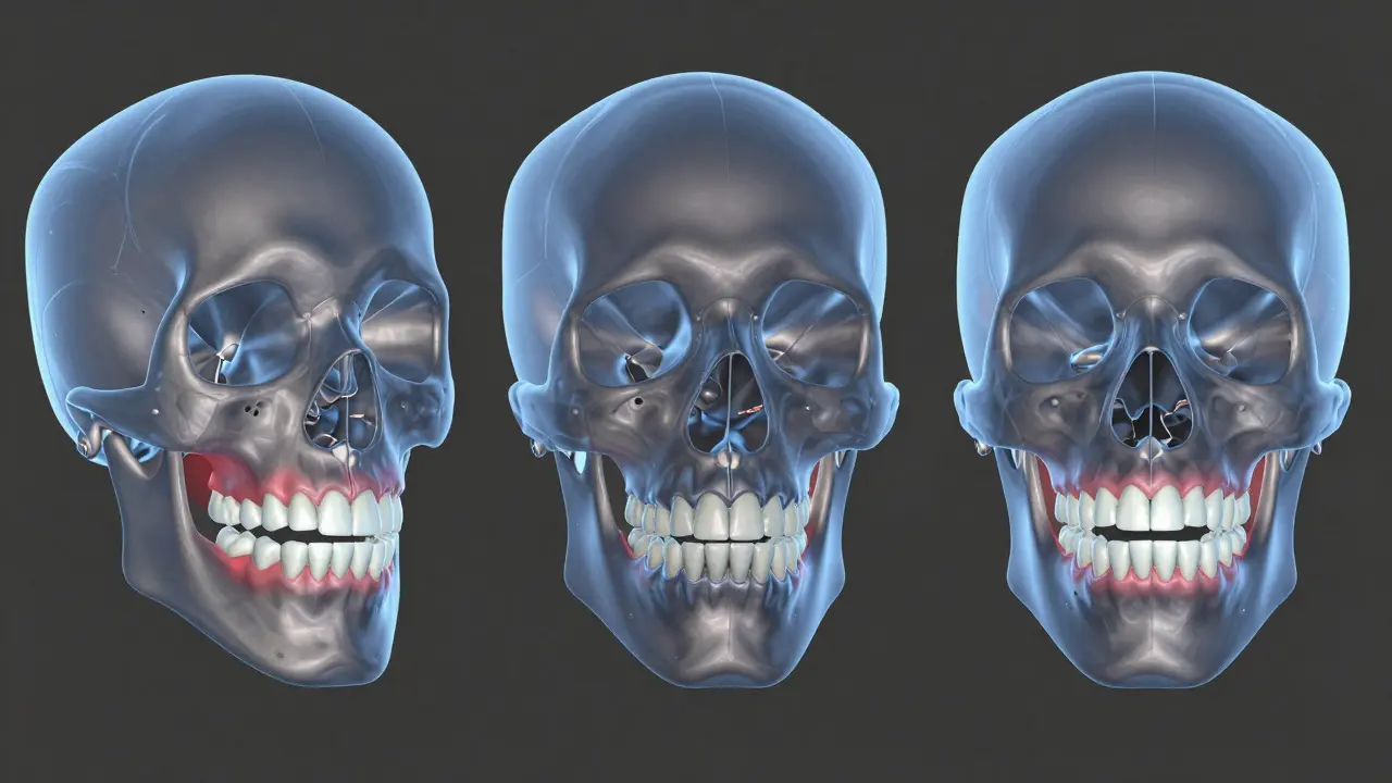 3D vizualizace různých typů špatného skusu a čelistí