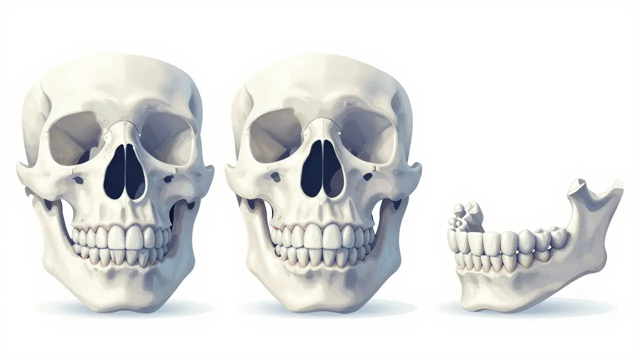 Anatomická ilustrace tří typů předkusu: skeletální, zubní a funkční