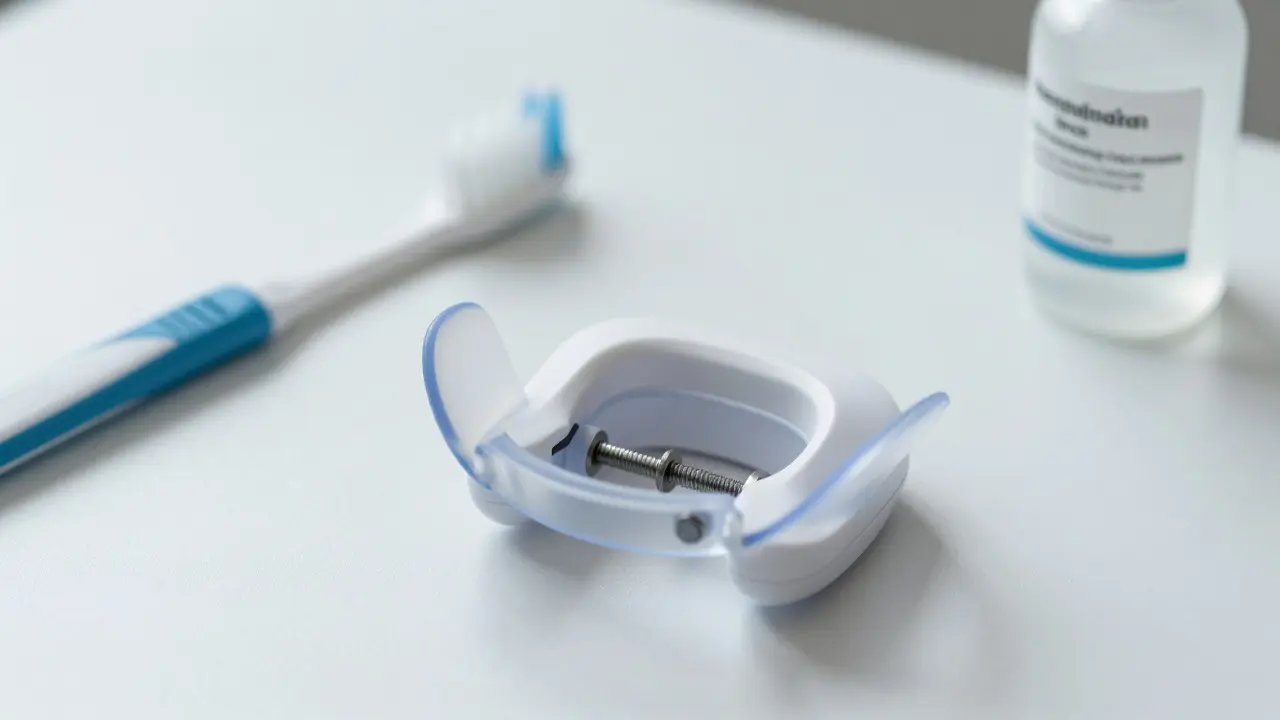 Moderní snímací rovnátka s expandérem na klinickém stole vedle kartáčku