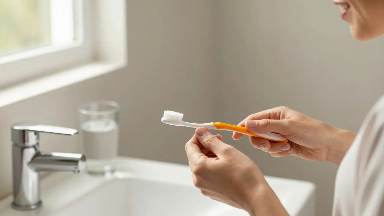 Osoba provádějící důkladnou ústní hygienu v koupelně