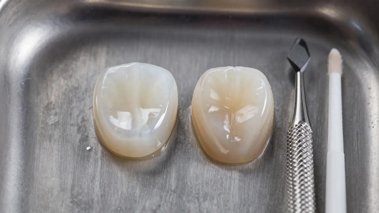 Porovnání porcelánové a kompozitní zubní fazety na nástrojích