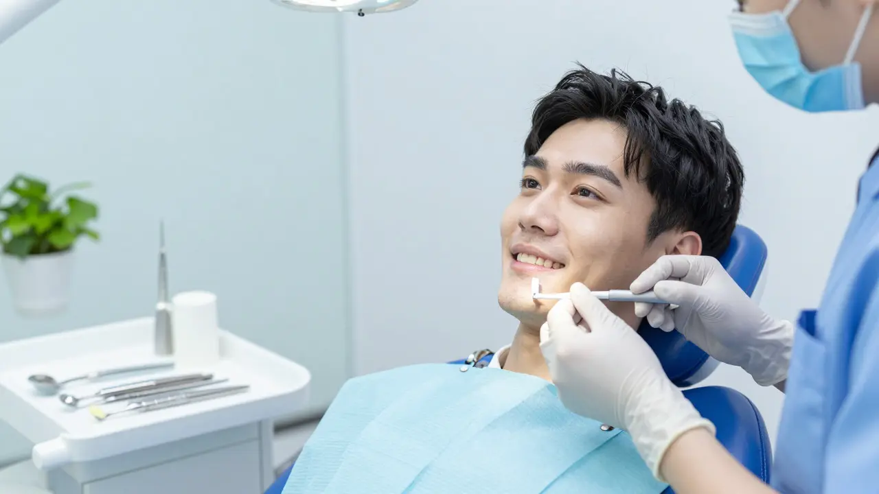 Dentální hygienistka provádí prevenci pomocí mezizubního kartáčku