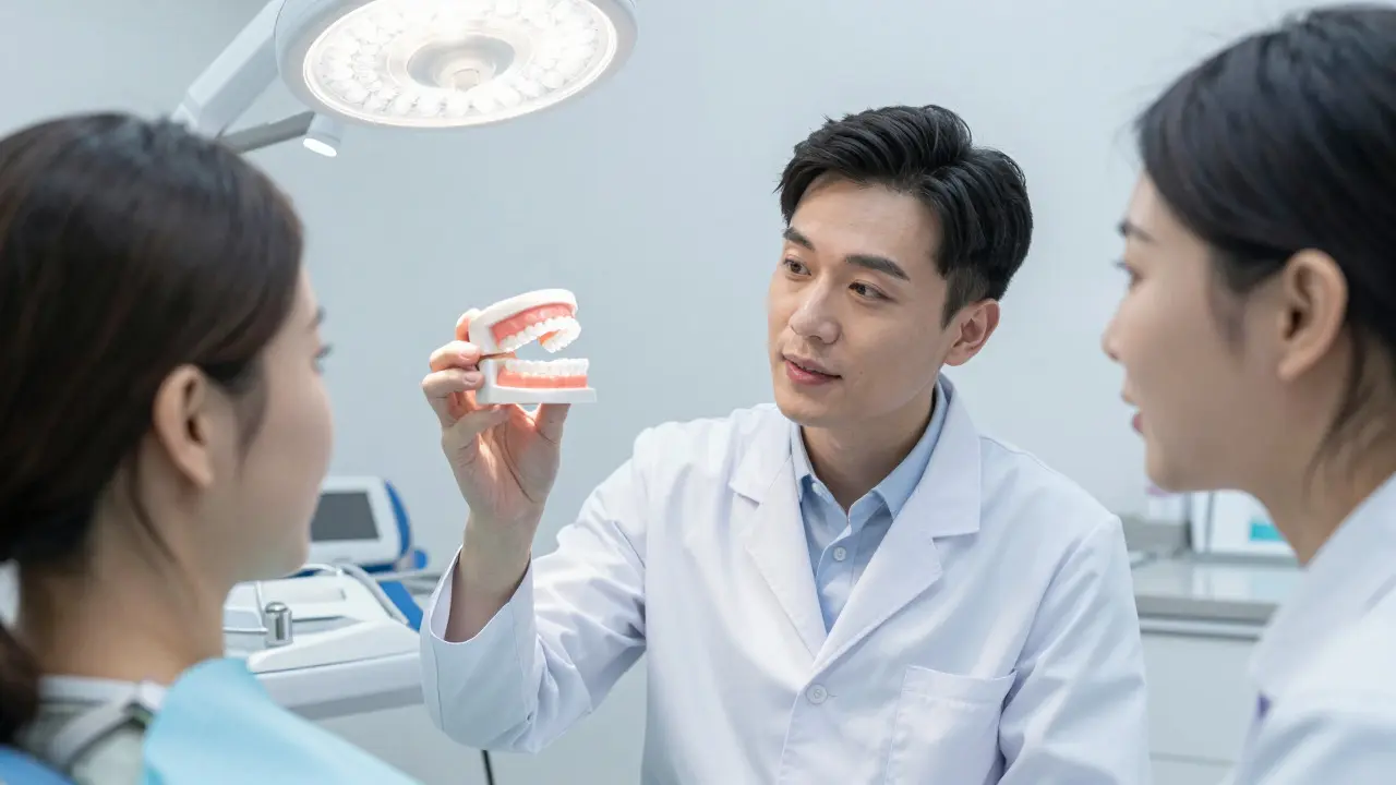 Dentist showing clear aligners to a patient during consultation