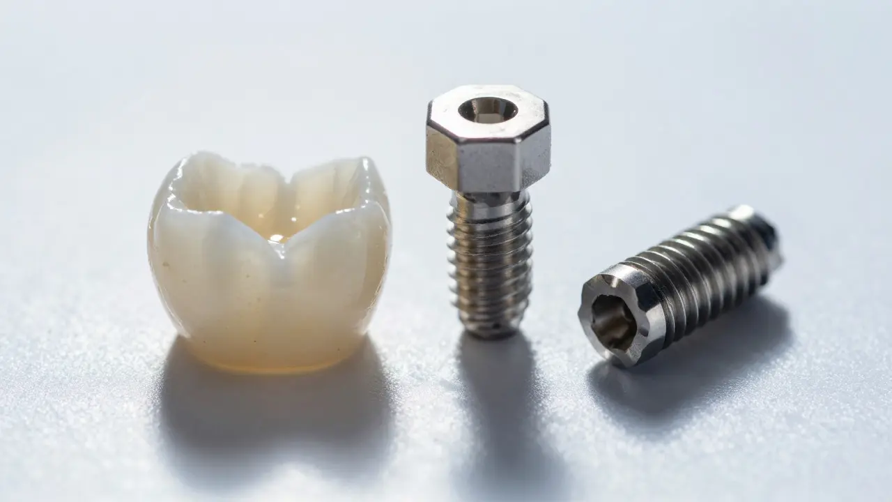 Detailní pohled na zubní korunku, implantát a kovové díly