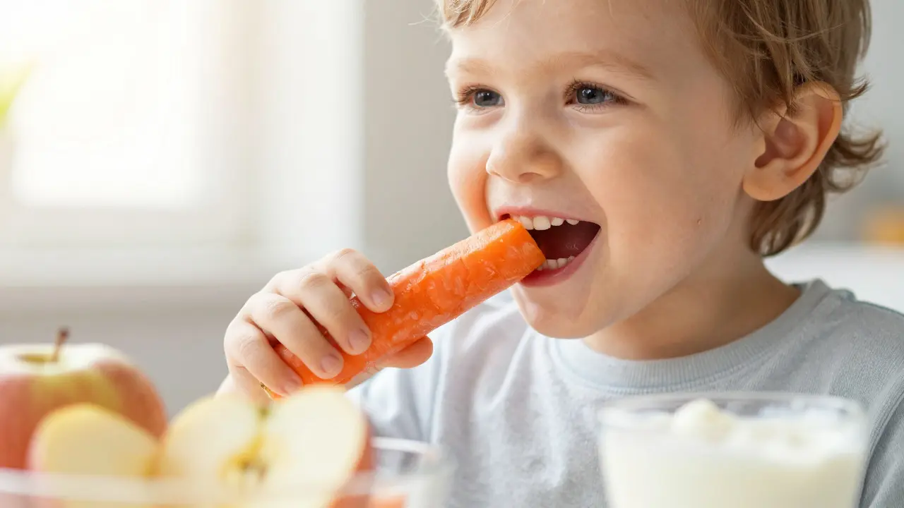 Dítě žvýkající mrkev jako příklad zdravé stravy podporující růst zubů