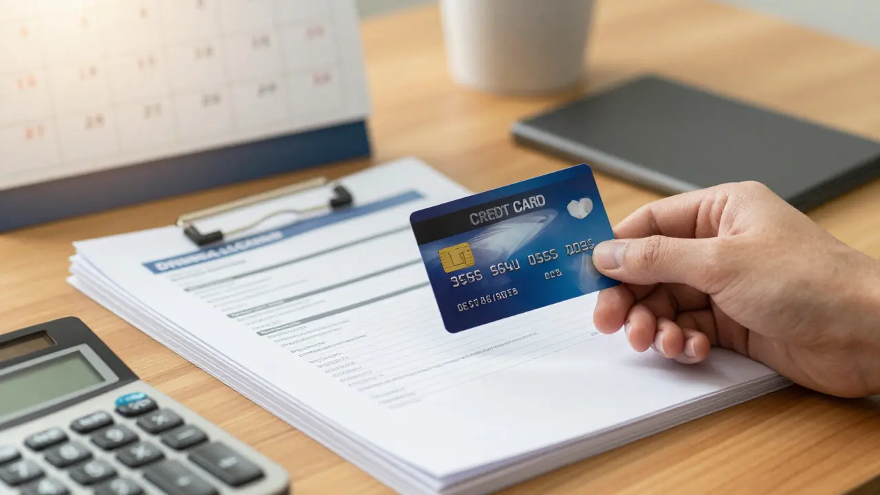 Hand holding an insurance card next to financial documents