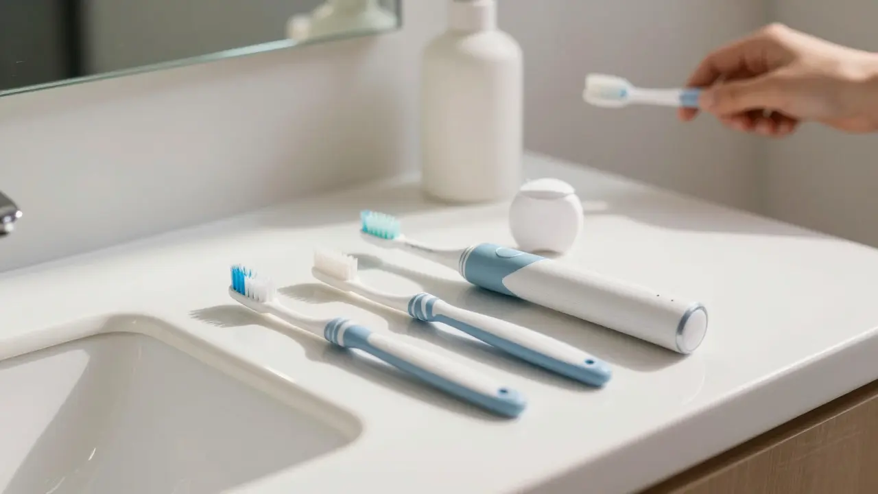 Hygienické pomůcky jako kartáček a nit uspořádané na čistém pultu.