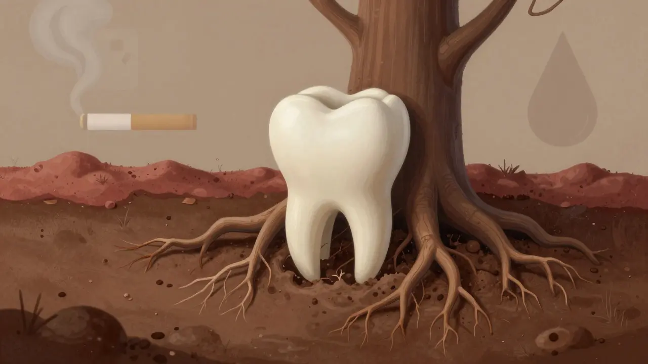 Konceptuální ilustrace eroze kosti kolem zubu jako stromu