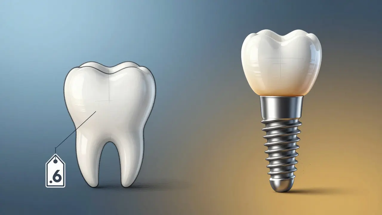 Konceptuální ilustrace porovnání základní plomby a prémiového implantátu