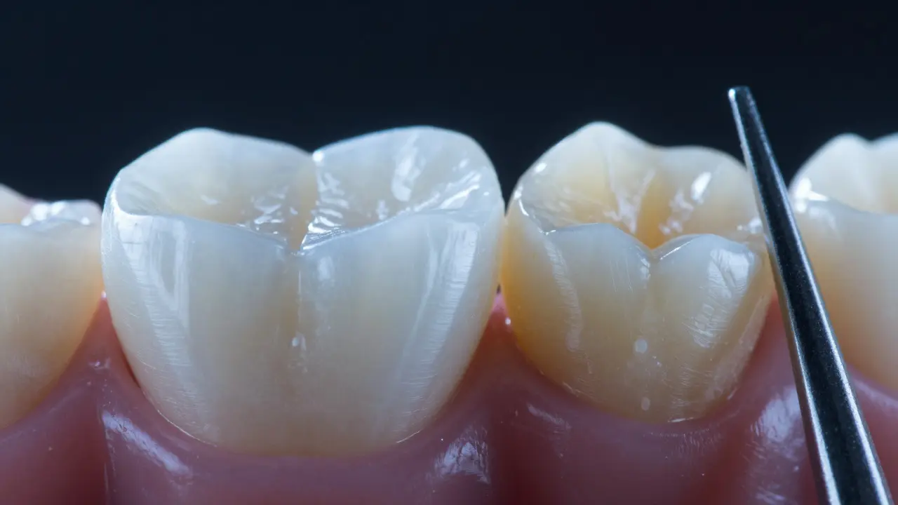 Makro záběr ukazující hladký povrch moderního keramického korunky vedle starších, opotřebovaných dentálních materiálů.