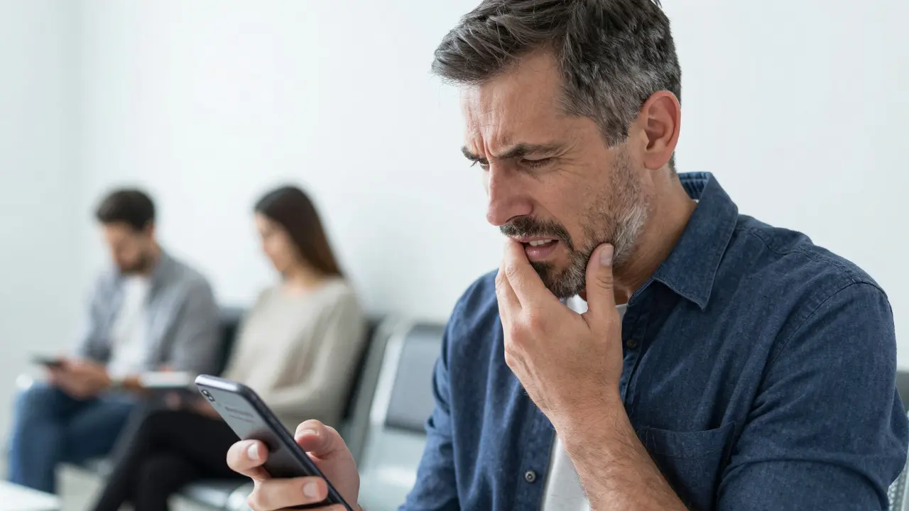 Muž s bolestí zubu hledající pomoc na telefonu v nemocniční čekárně