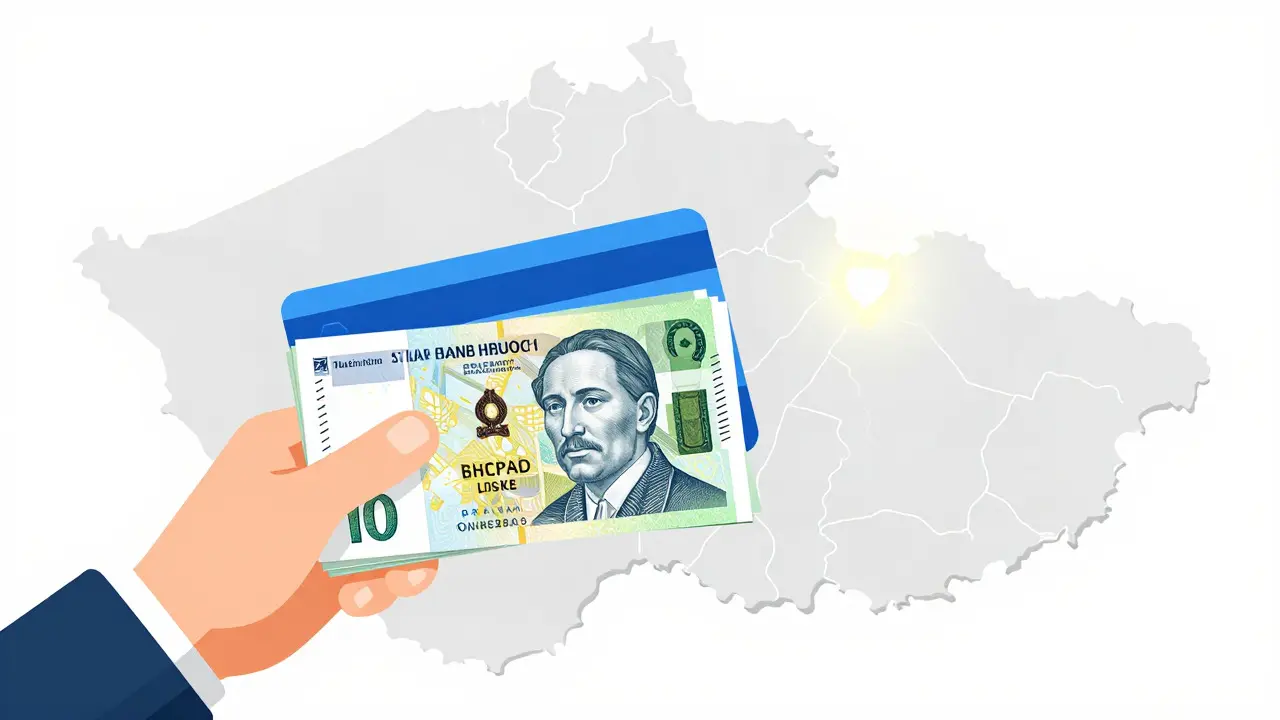 Ruka drží české koruny vedle pojišťovné karty a mapy ČR