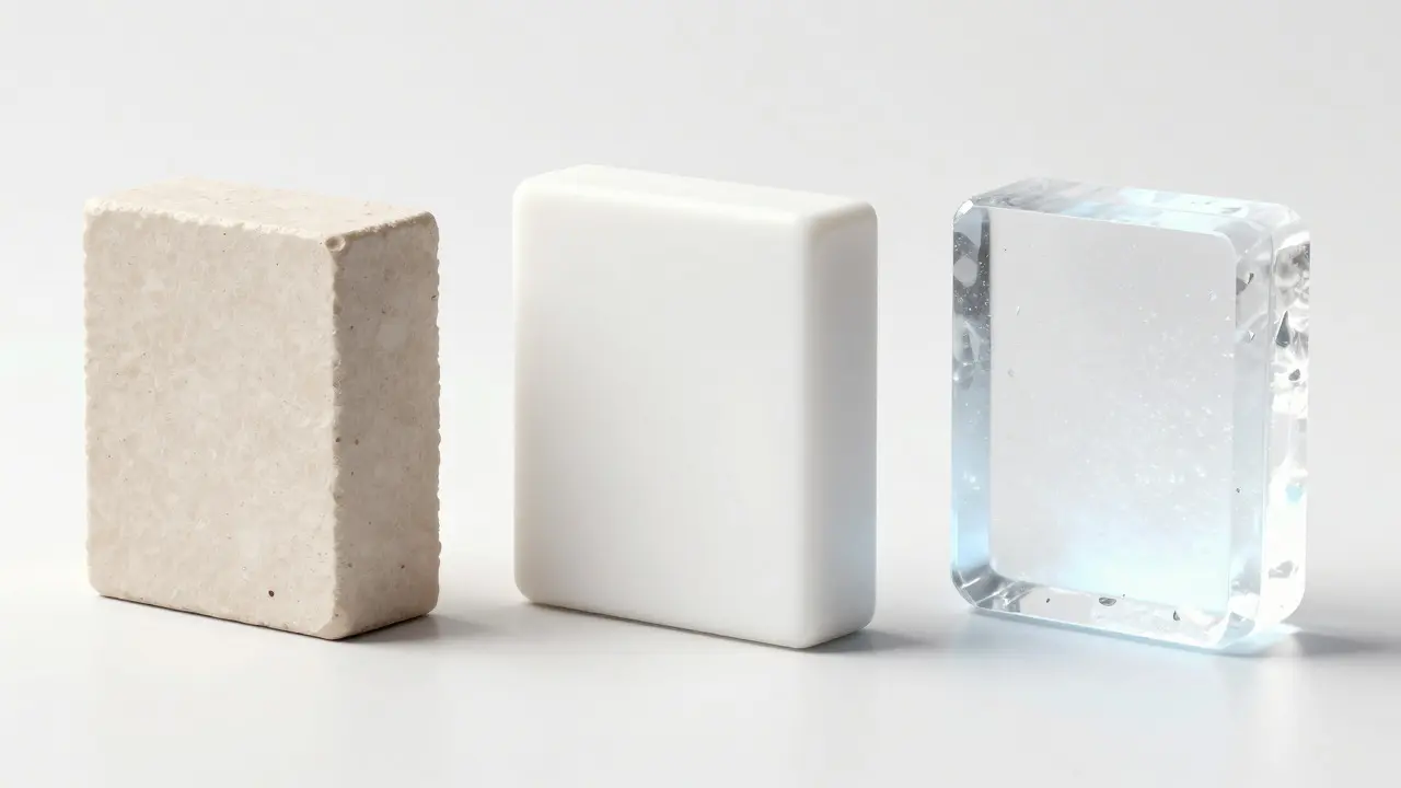 Tři vzorky zubních materiálů: kompozit, porcelán a keramika vedle sebe