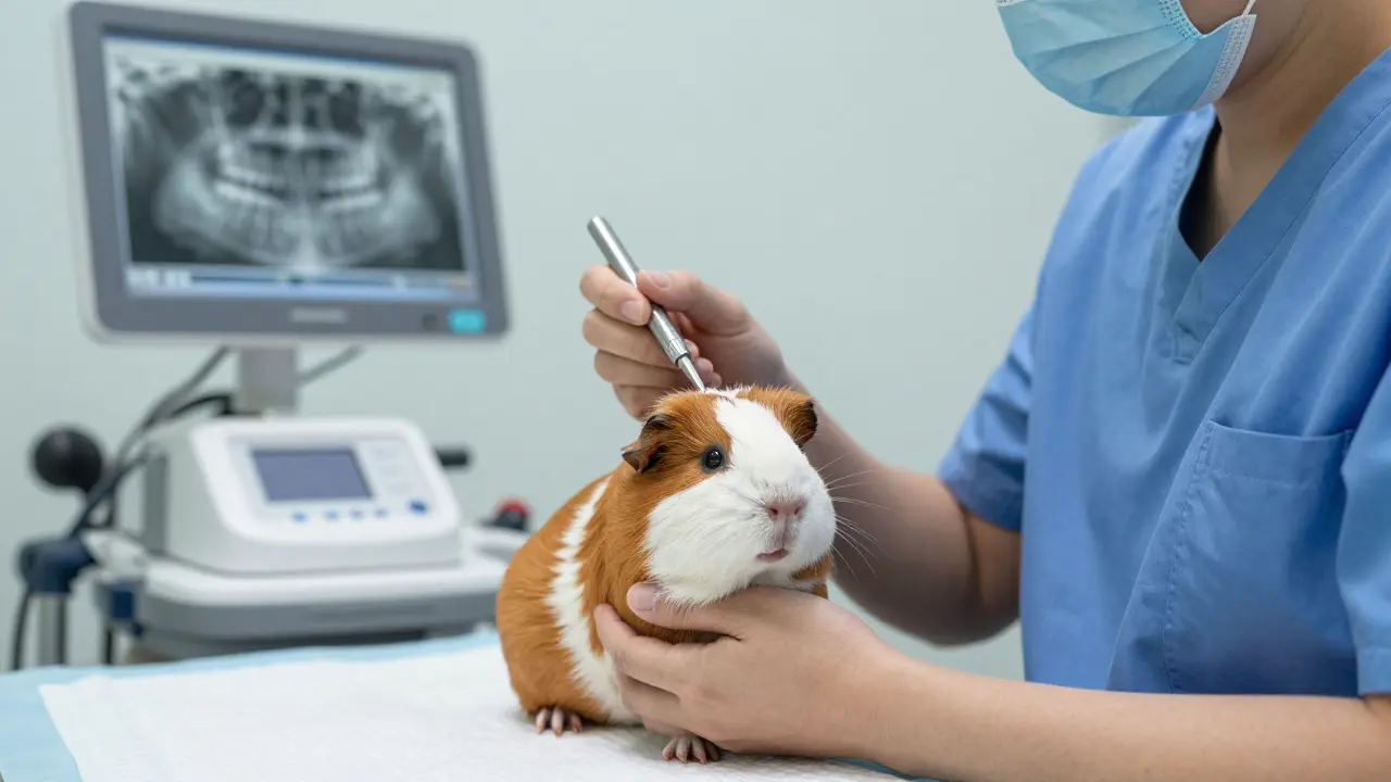 Veterinář vyšetřuje zuby morčete s odborným vybavením