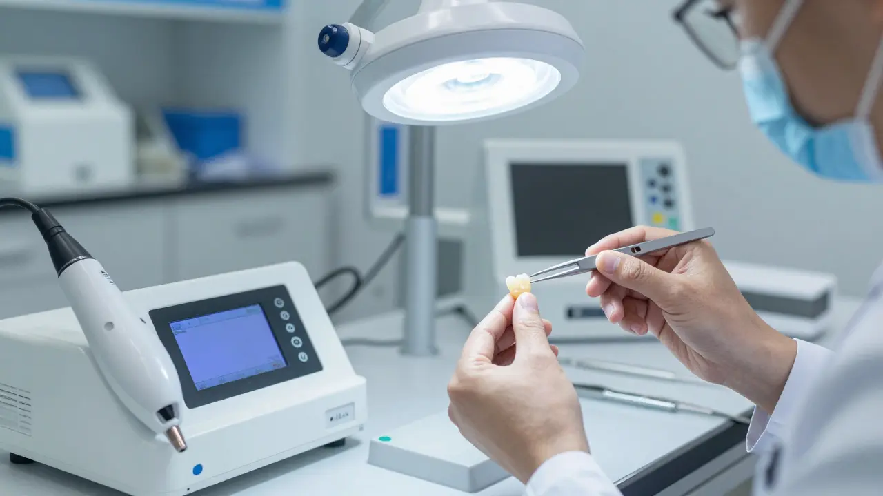 Zubařská laboratoř s technikem kontrolujícím keramickou facetu