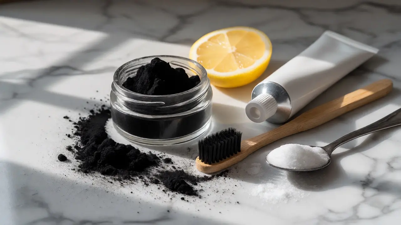 Aktivní uhlí, bambusový kartáček a domácí ingredience na mramoru