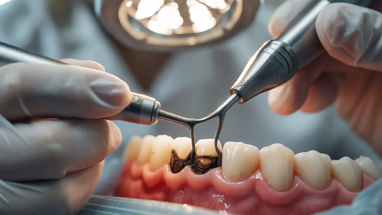 Dentista odstraňuje černý kámen ultrazvukovým přístrojem