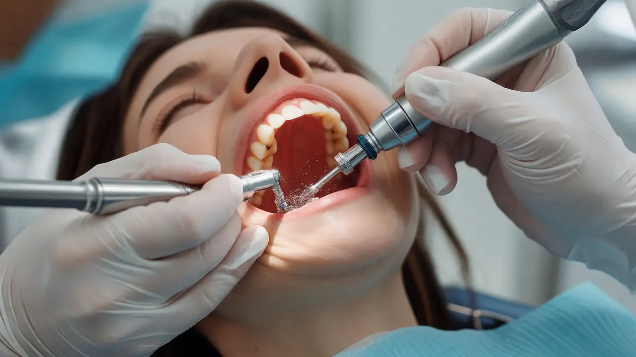 Dentista odstraňuje zubní kámen ultrazvukem u spodních řezáků
