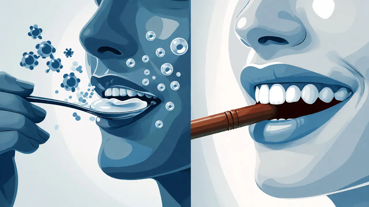 Ilustrace olejového tažení a pití přes brčko pro ochranu zubů