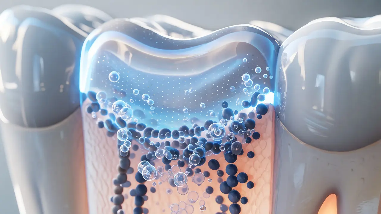 Makro pohled na pronikání kyslíku do skloviny při bělení zubů.
