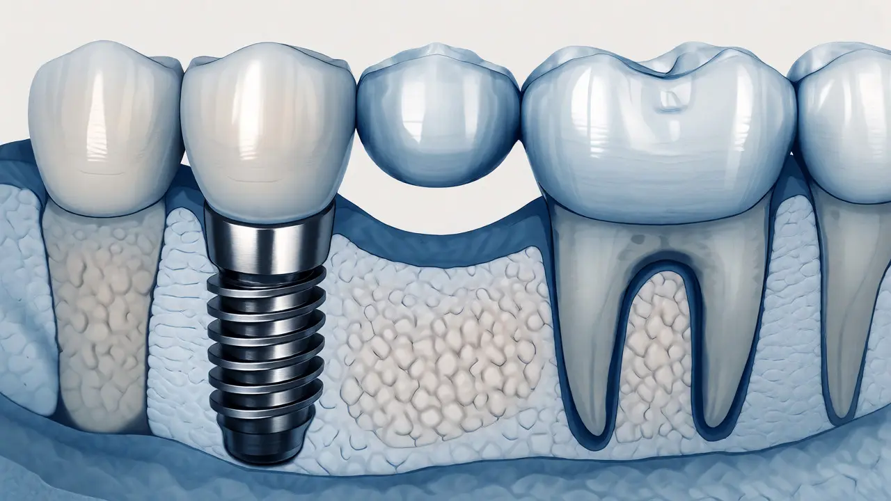 Medicínská ilustrace porovnávající zubní implantát a klasický zubní most.