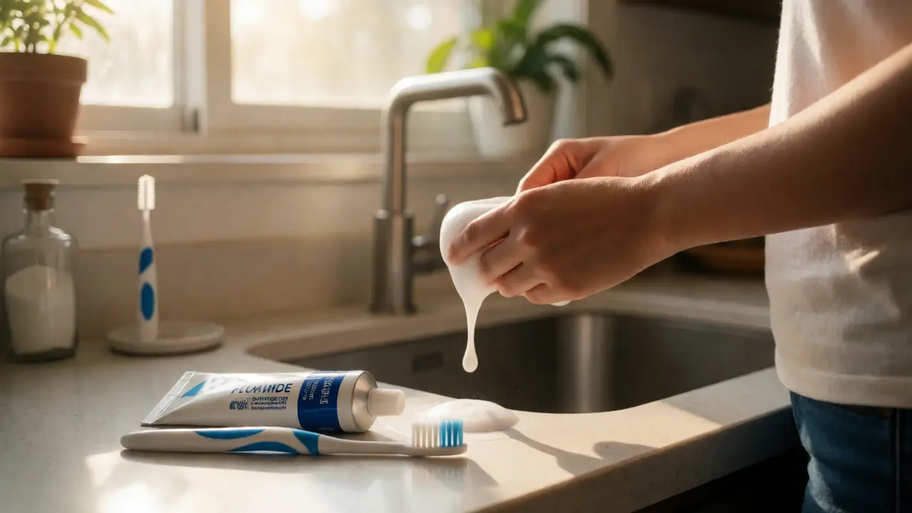 Rituál po čištění zubů s pliváním pěny a ponecháním fluoridu na sklovině.