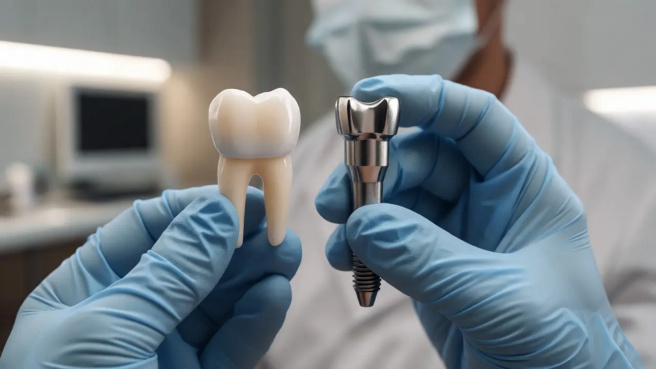 Ruce dentisty držící keramickou korunku a titanový implantát v ordinaci.