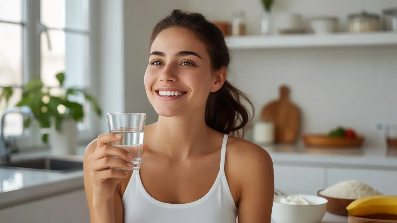 Žena s bílým úsměvem pije vodu v kuchyni po bělení zubů.