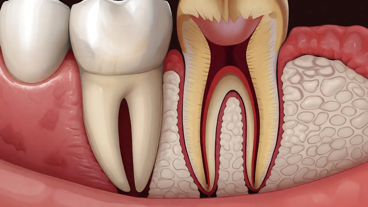 Anatomický řez stálým zubem s nedokončeným kořenem v čelisti