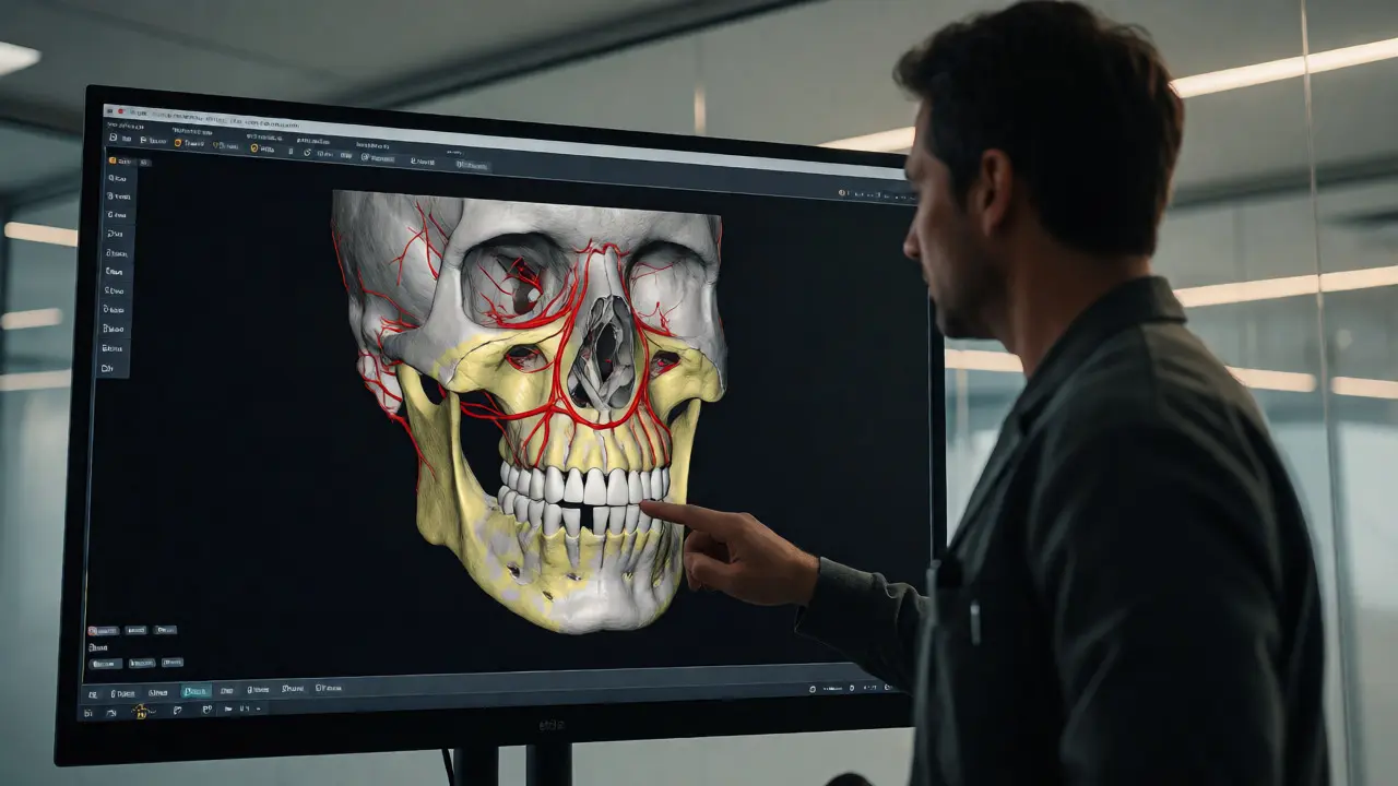 Chirurg vysvětluje plán operace na 3D modelu lebky