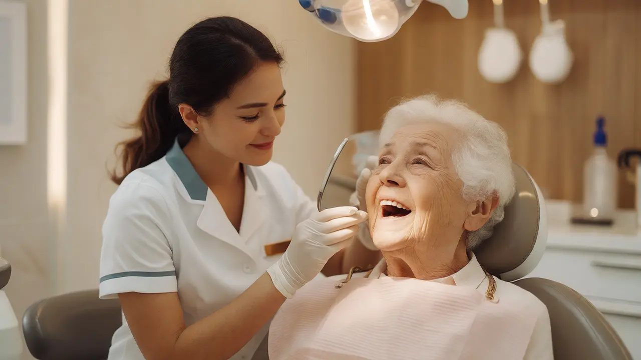 Dentální hygienista vyšetřuje klidného staršího pacienta v moderní ordinaci