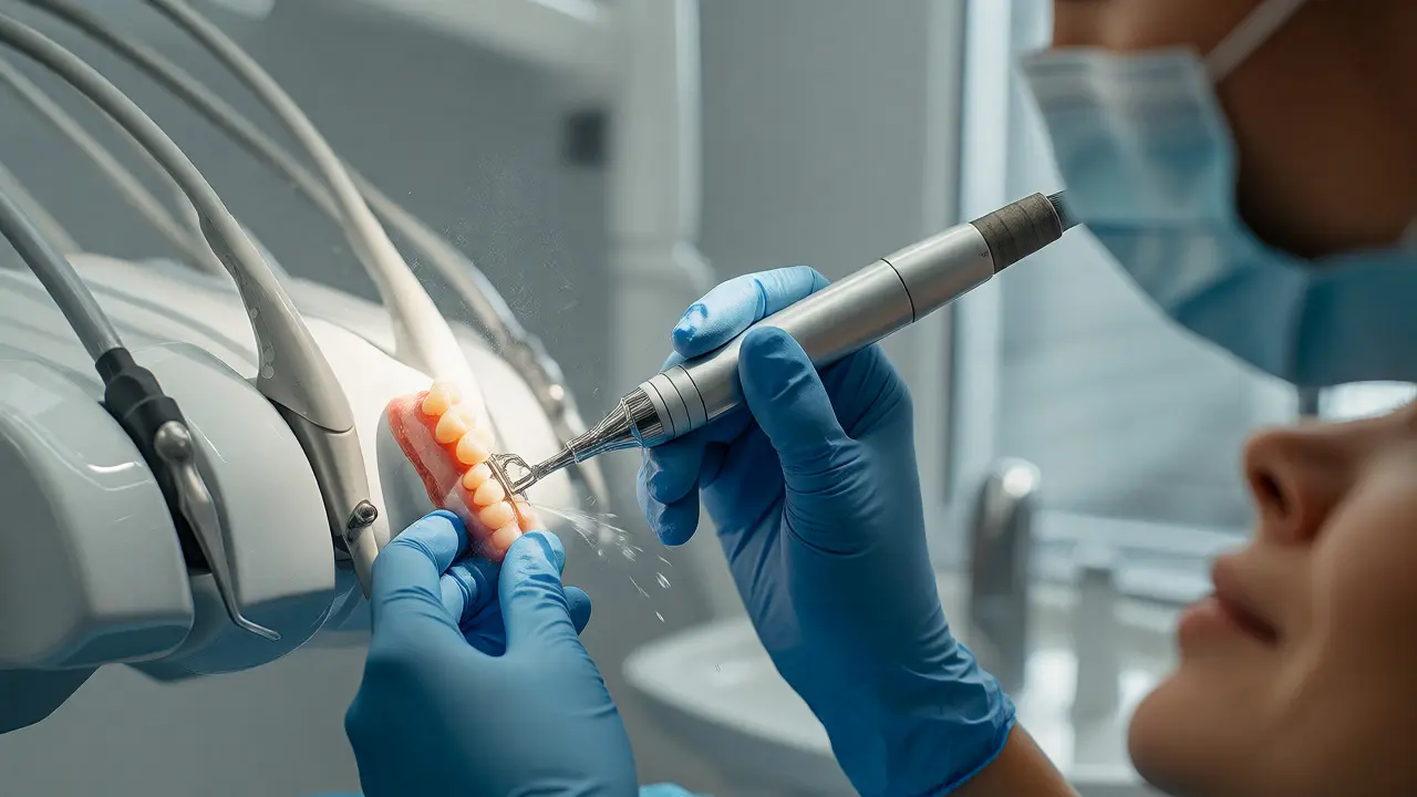 Dentální hygienistka odstraňuje zubní kámen ultrazvukem