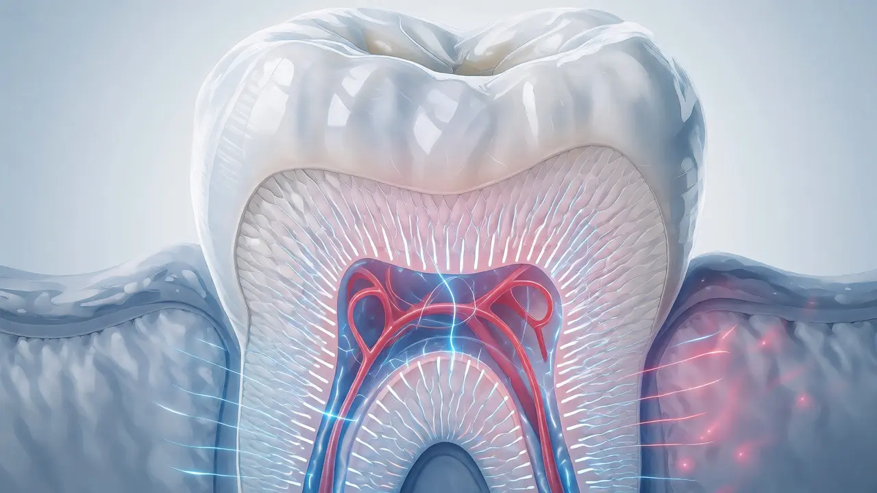 Ilustrace citlivosti zubu: odhalený dentin a nervové signály