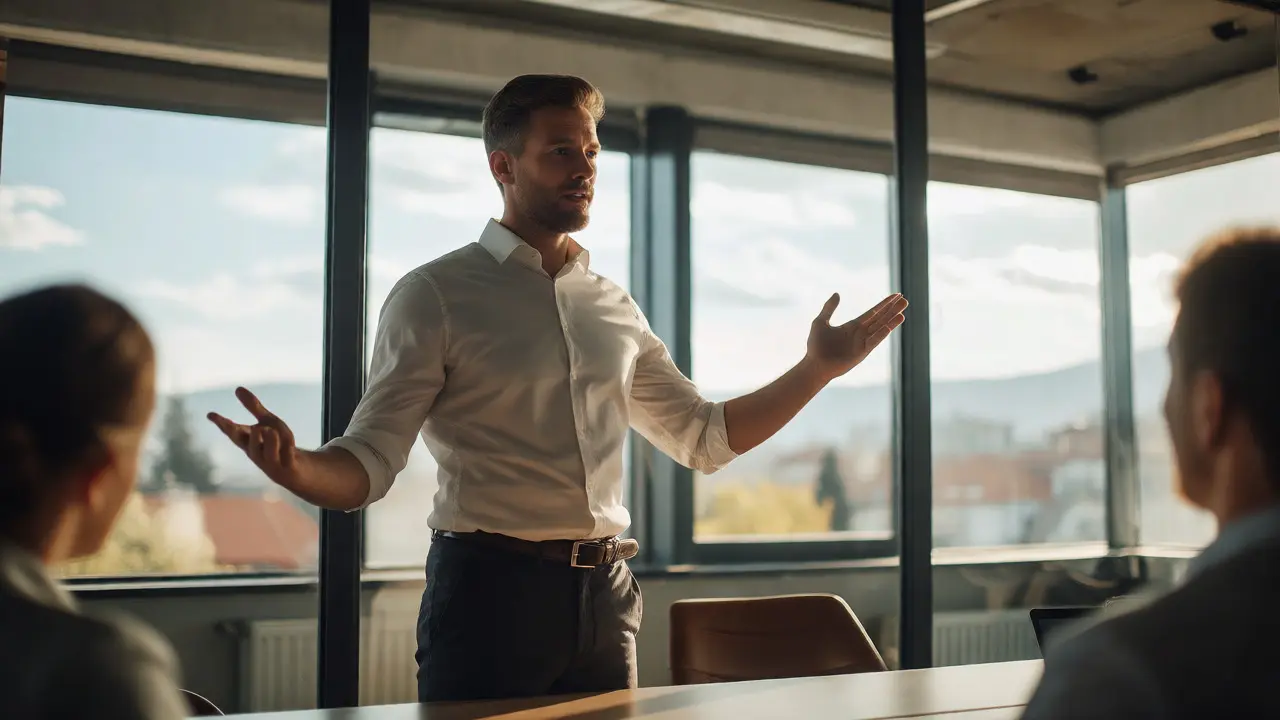 Konzultant sebevědomě prezentující projekt ve skleněné zasedací místnosti.