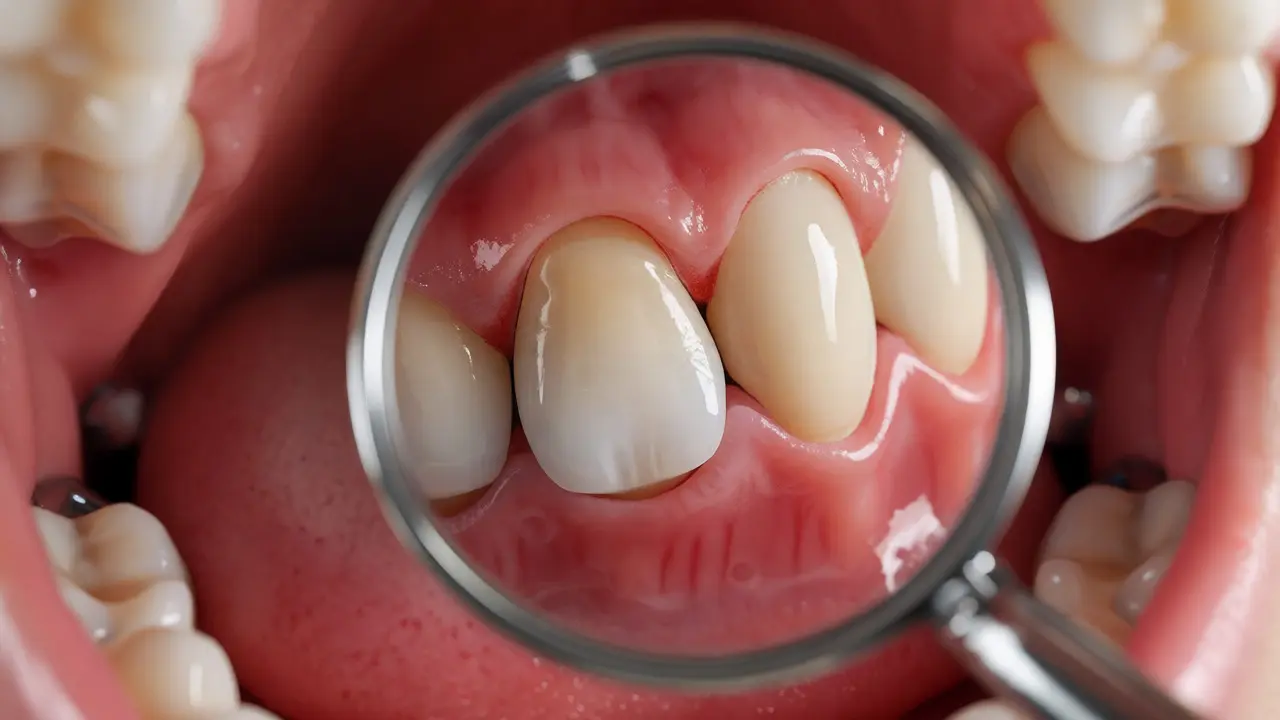 Pohled do úst přes dentální zrcátko na dásně kolem implantátu.